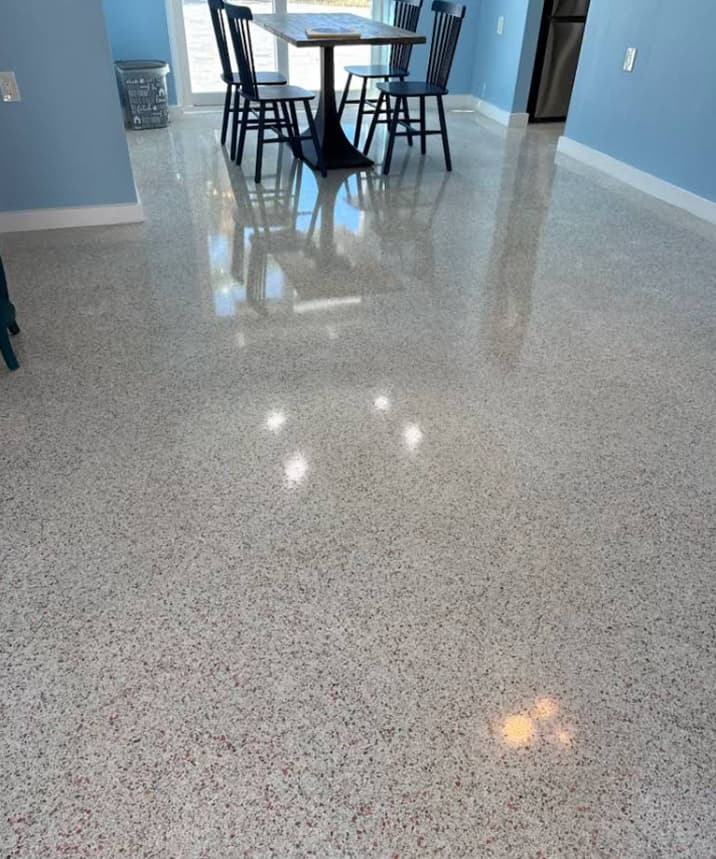 Finished polished terrazzo floor in a Tampa Bay dining room