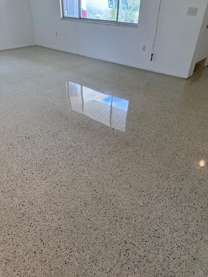 Polished terrazzo floor in an empty living room with gray and white aggregate and a bright window reflection