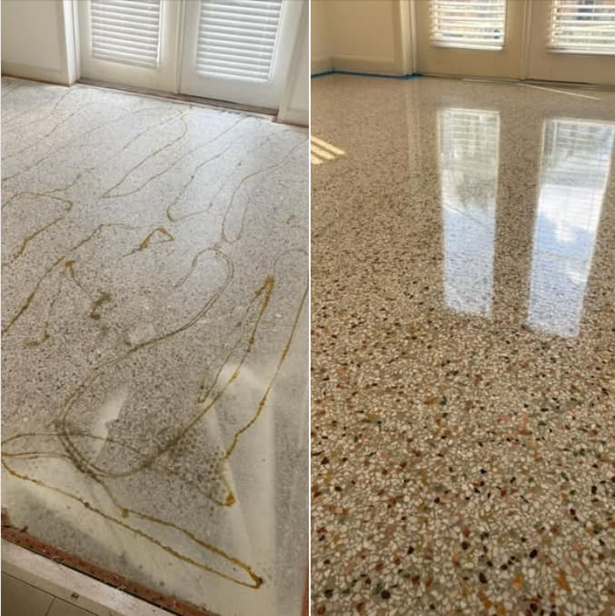 Original terrazzo floor revealed after carpet removal, restored from adhesive-stained to polished in a Tampa Bay sunroom