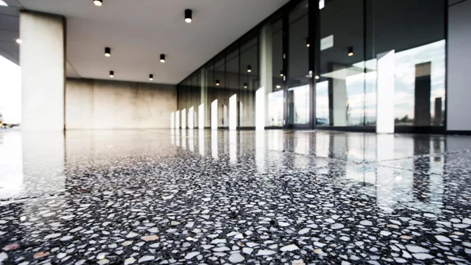 Polished terrazzo floor with black and white aggregate in a commercial building lobby