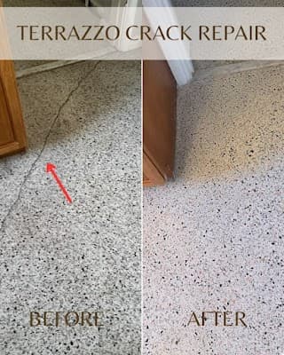 Terrazzo floor crack repair before and after in Tampa
