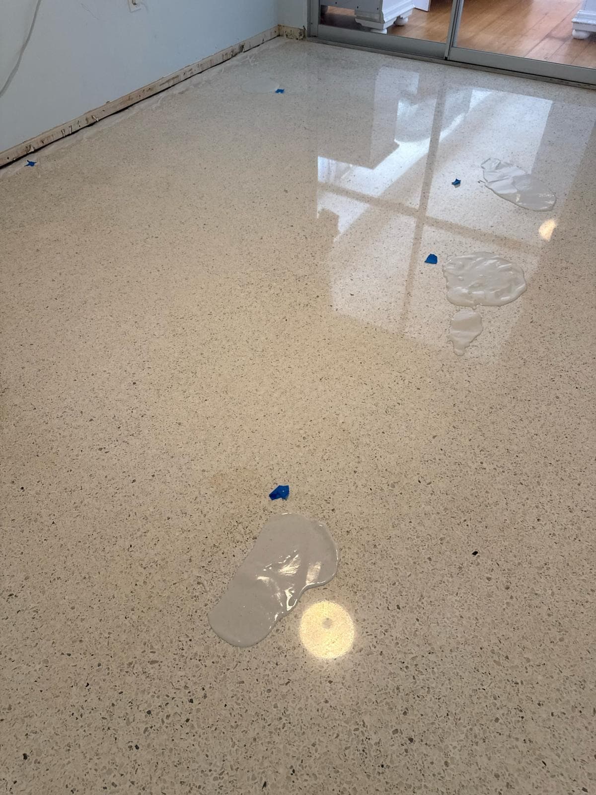 Poultice paste applied to a stained area of a terrazzo floor for stain removal, Tampa Bay