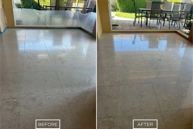 Travertine patio tile restoration before and after in Tampa