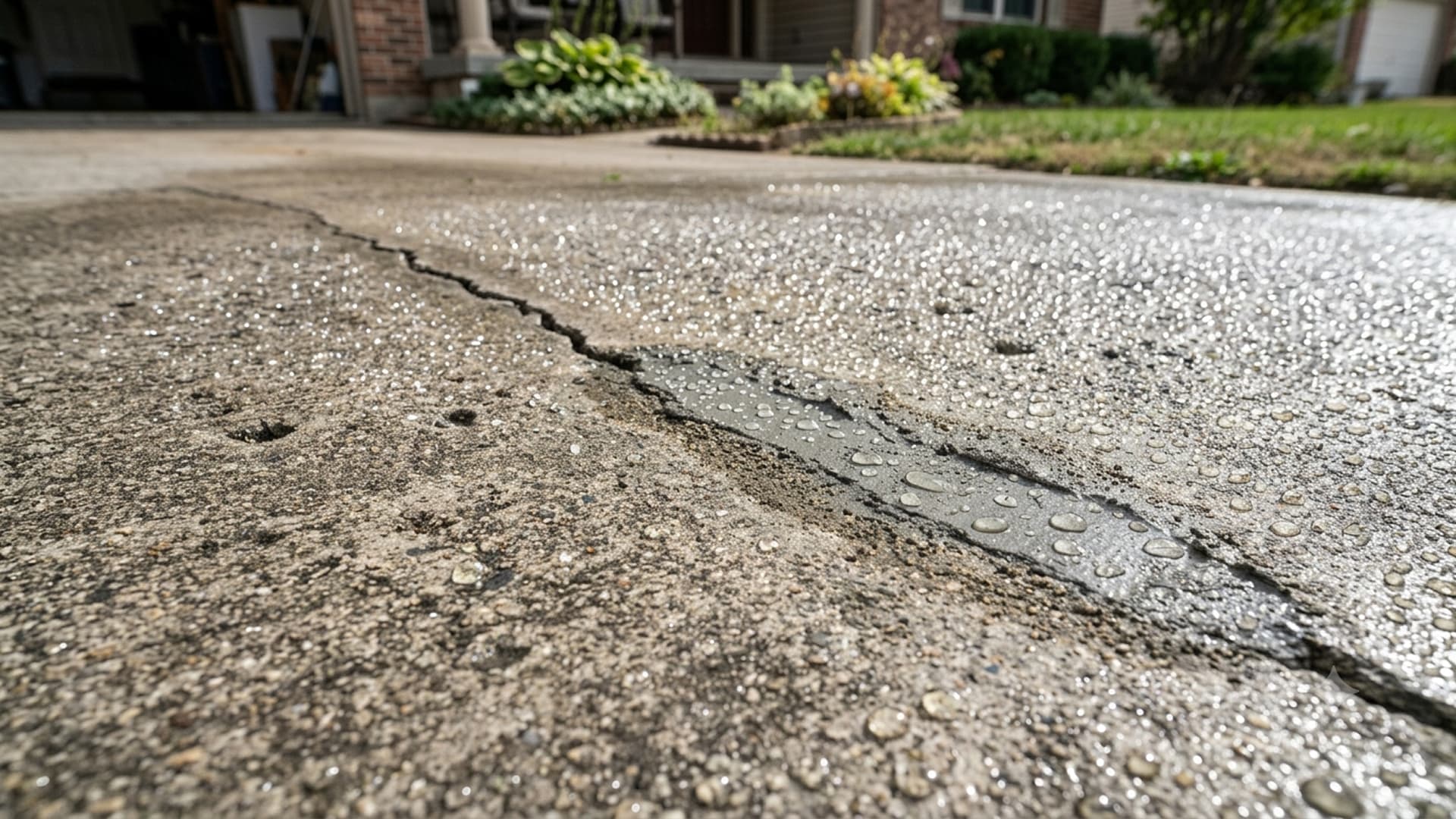 Water beading on a freshly sealed concrete driveway