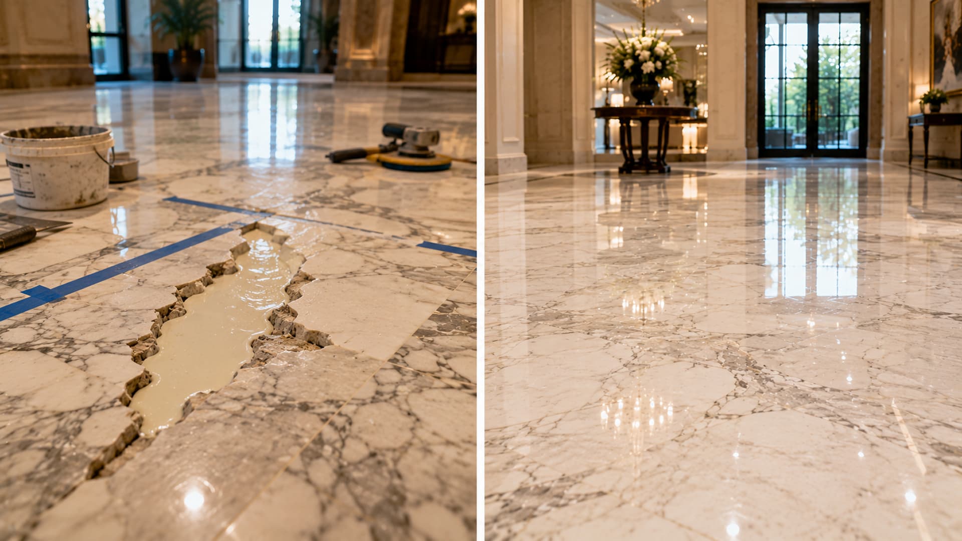Close-up of color-matched epoxy filling a marble crack