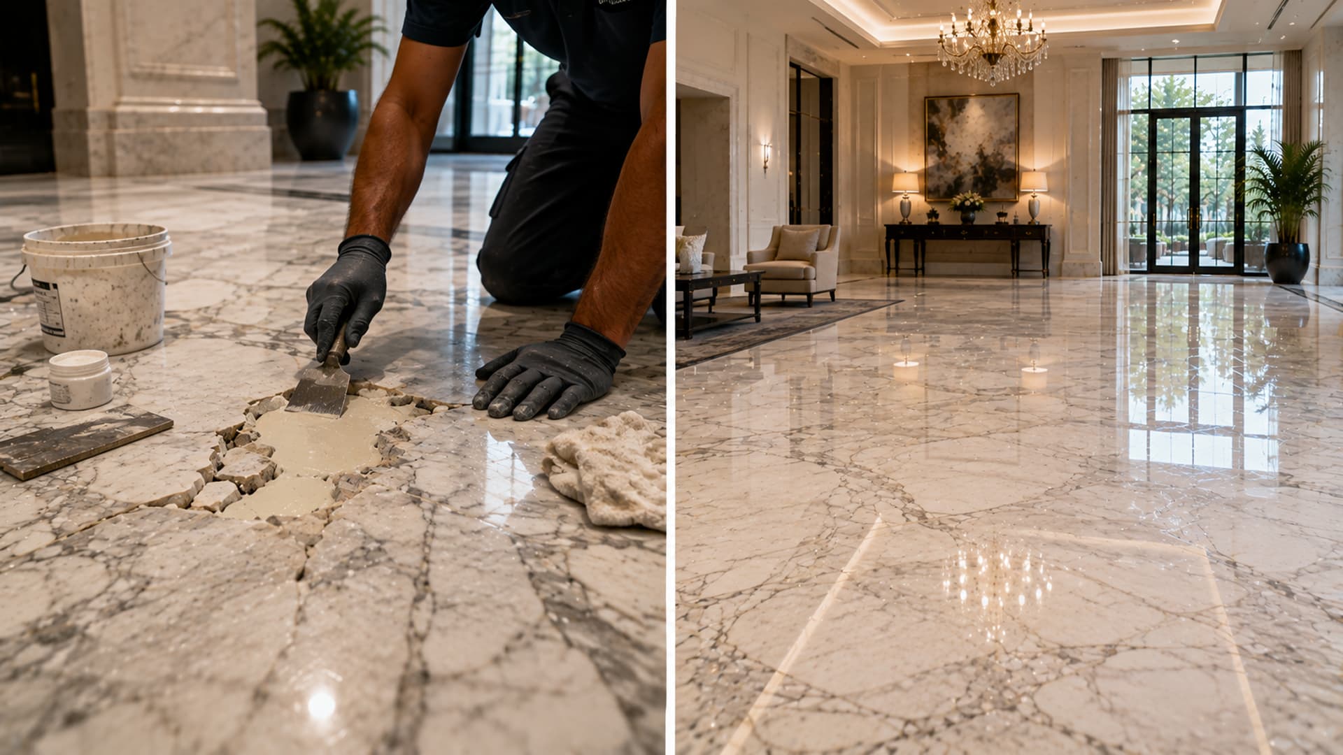 Technician grinding a cured epoxy repair on a marble floor