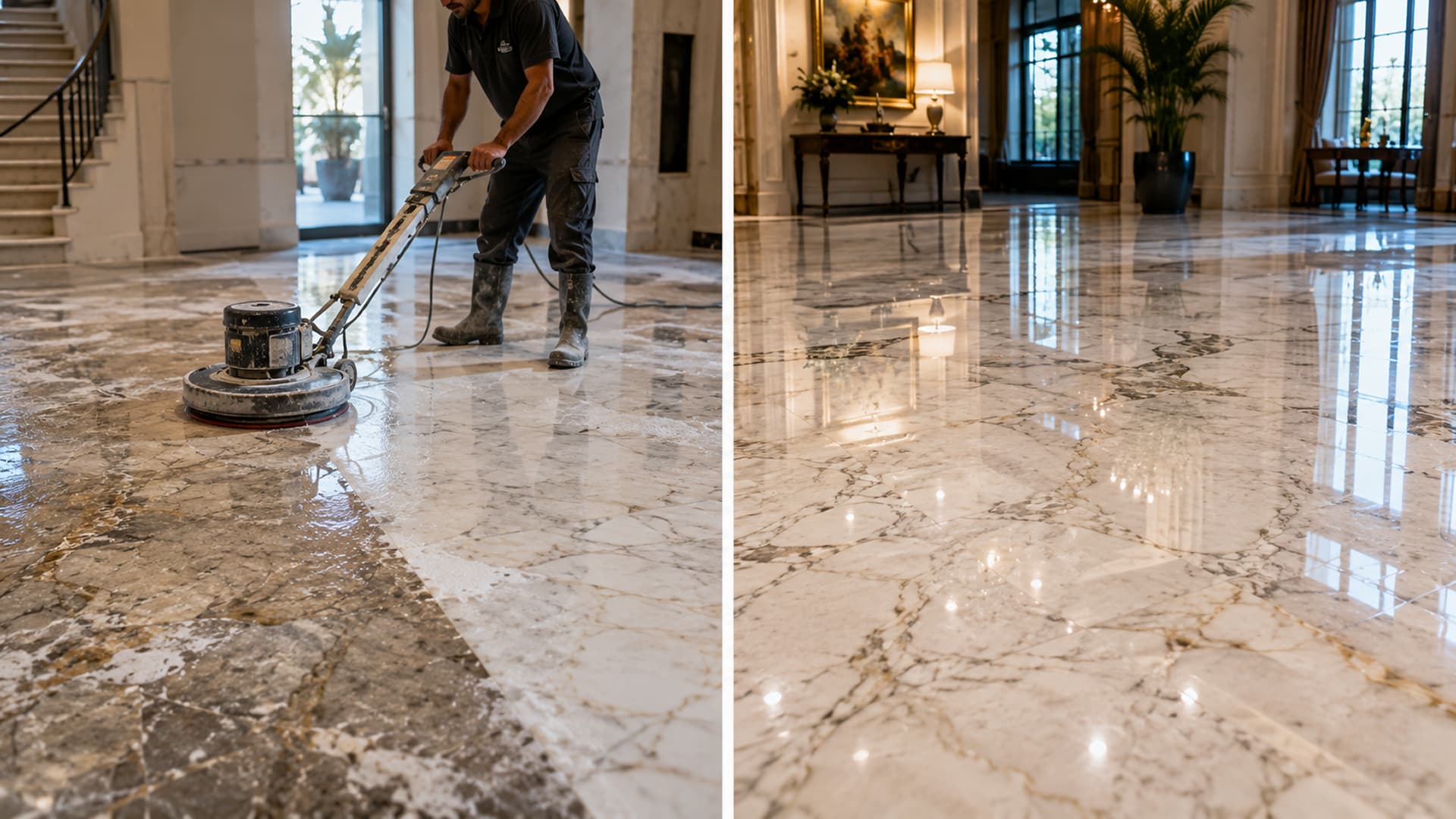Technician diamond honing a marble floor