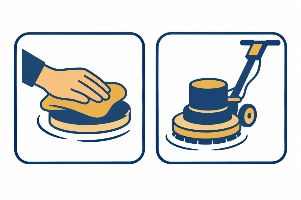Icons showing DIY hand buffing versus a professional diamond floor honing machine for marble repair