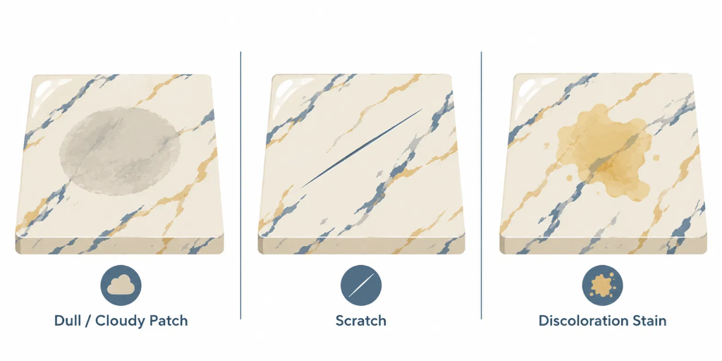 Comparison of marble etching, a scratch, and a discoloration stain on marble surfaces
