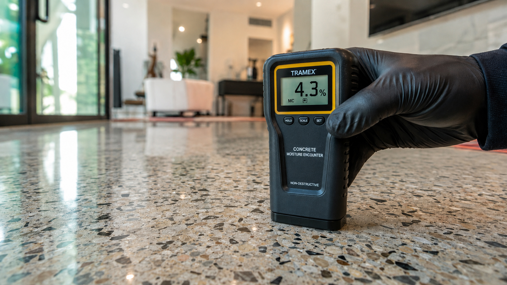 Technician taking non-destructive slab moisture reading on interior terrazzo floor in Tampa